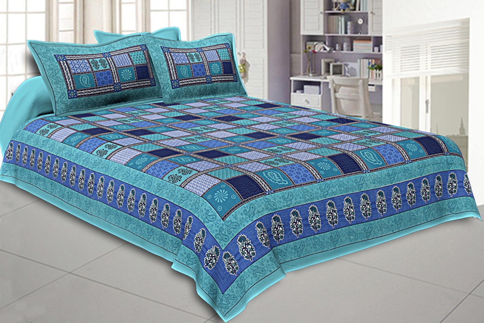 Niruva Turquoise and Blue Jaipuri Checkered Patchwork Cotton Double Bedsheet With 2 Pillow Covers