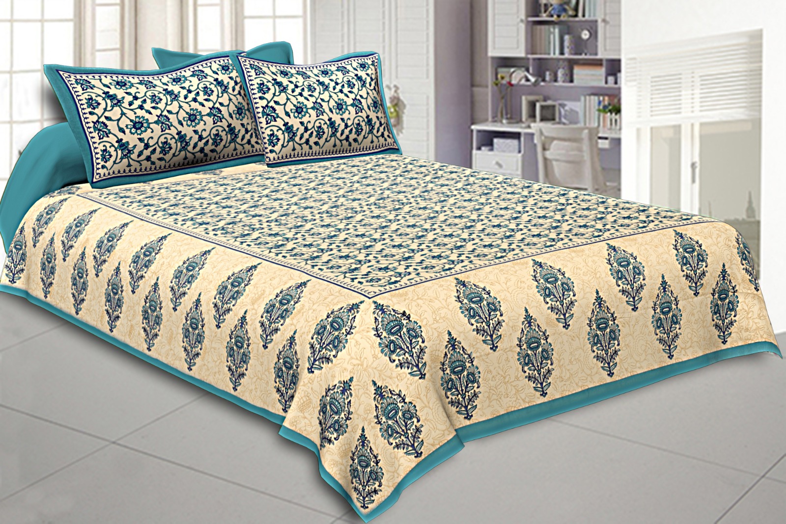 Niruva Sea Green and Cream Jaipuri Floral Jaal and Buta Cotton Double Bedsheet With 2 Pillow Covers