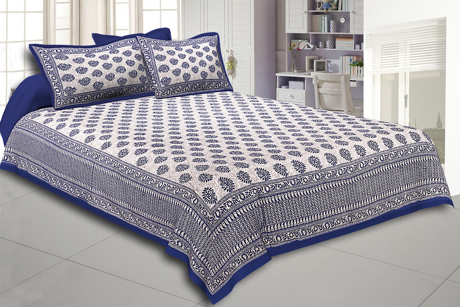 Niruva Navy Blue and White Jaipuri Paisley Buta Cotton Double Bedsheet With 2 Pillow Covers