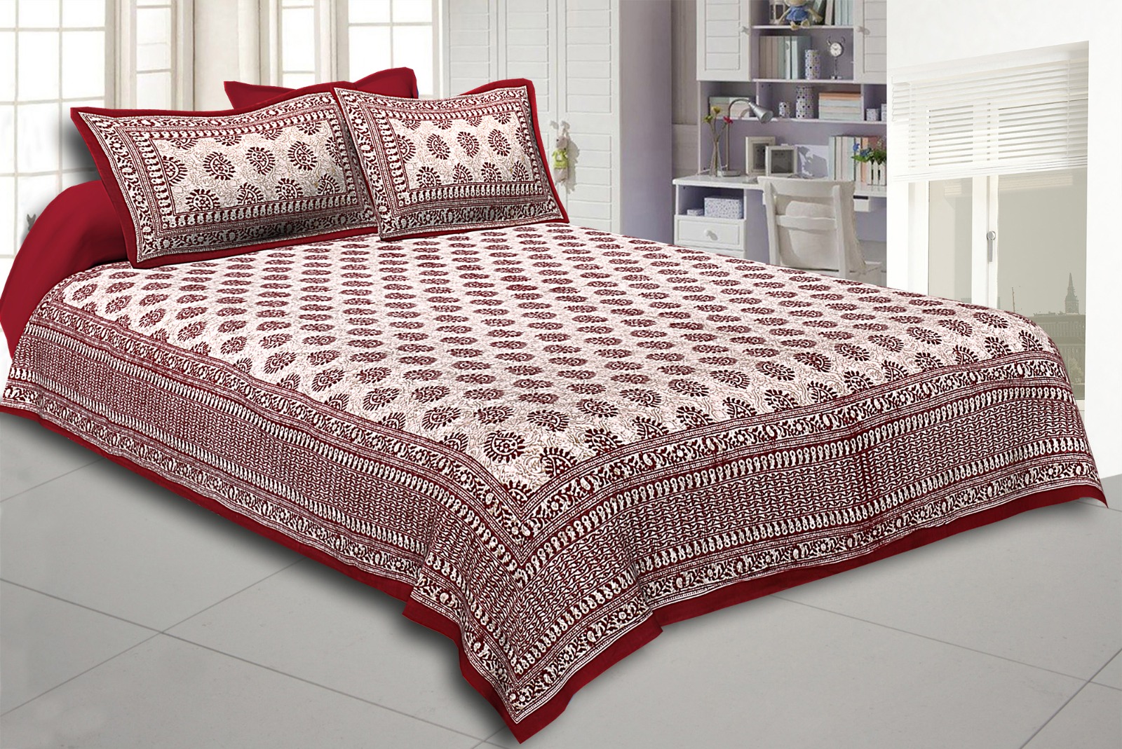 Niruva Maroon and White Jaipuri Paisley Buta Cotton Double Bedsheet With 2 Pillow Covers