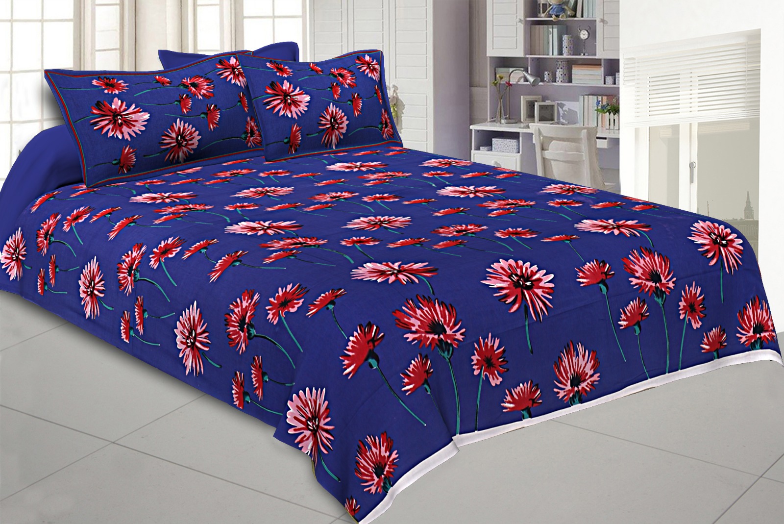 Niruva Royal Blue and Red Modern Floral Cotton Double Bedsheet With 2 Pillow Covers