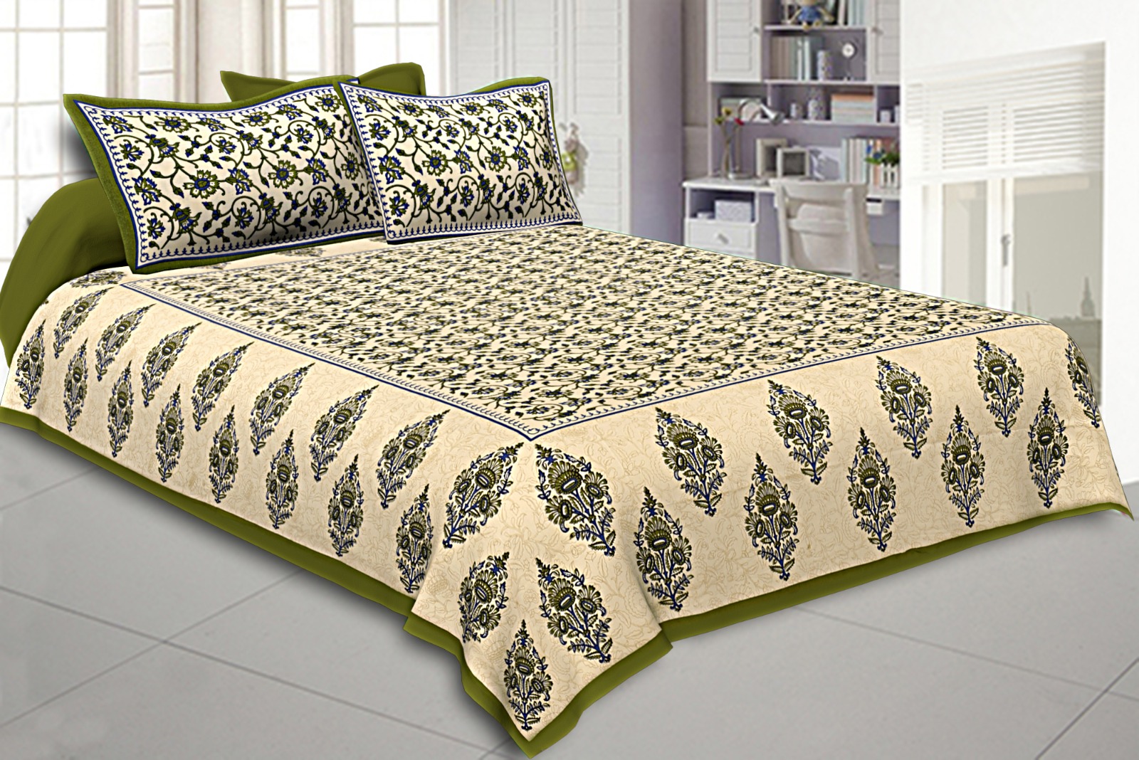 Niruva Mehndi Green and Cream Jaipuri Floral Jaal and Buta Cotton Double Bedsheet With 2 Pillow Covers