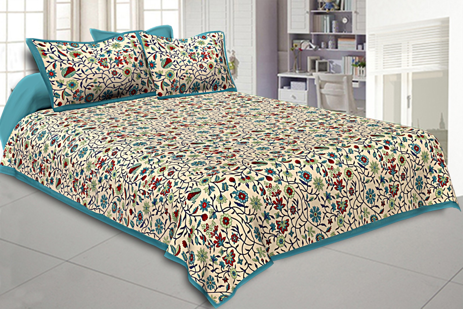 Niruva Turquoise and Multicolor Jaipuri Floral Creeper Cotton Double Bedsheet With 2 Pillow Covers