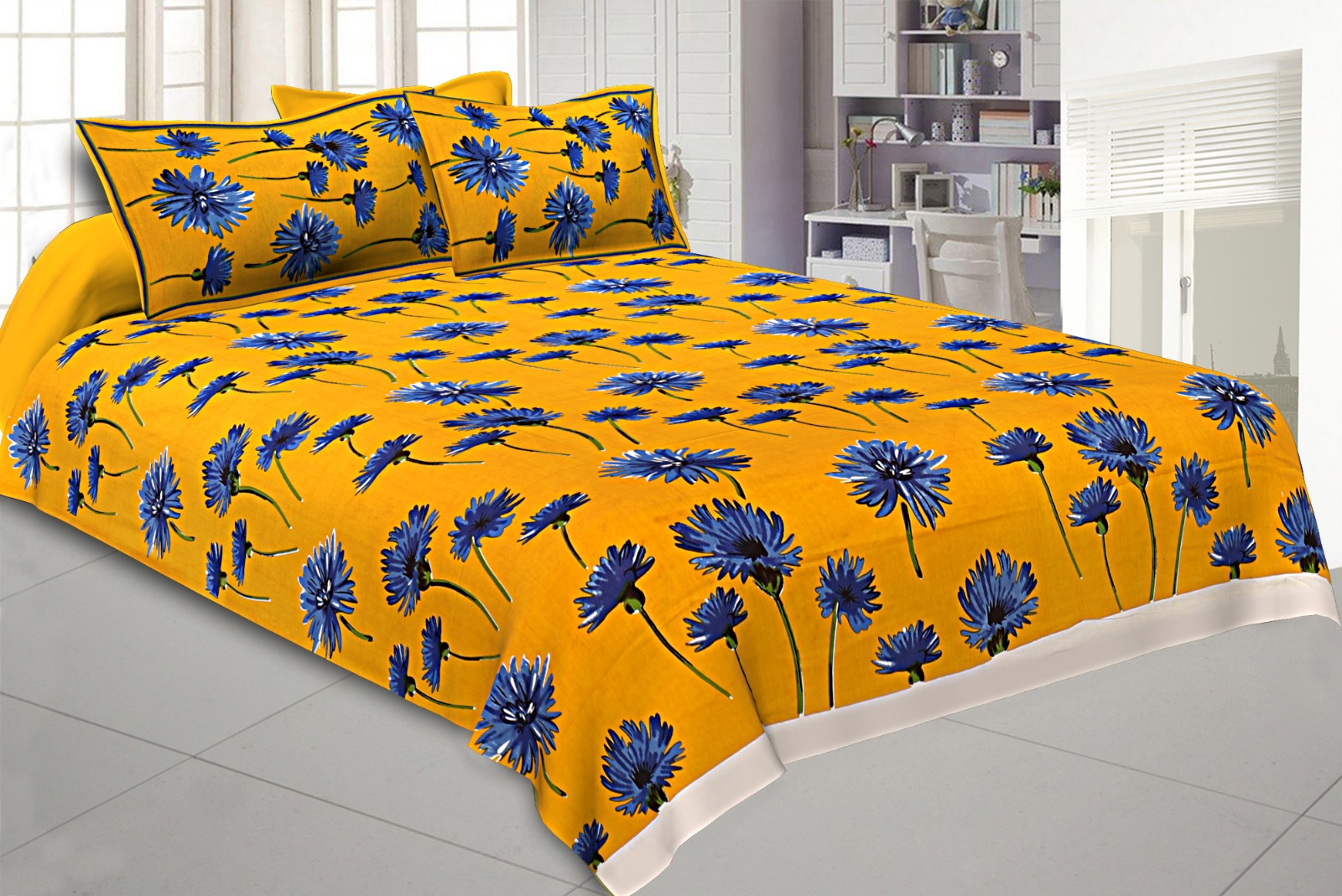 Niruva Yellow and Blue Modern Floral Cotton Double Bedsheet With 2 Pillow Covers