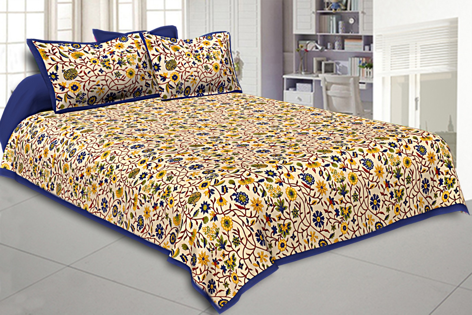 Niruva Royal Blue and Sea Green Jaipuri Damask Cotton Double Bedsheet With 2 Pillow Covers