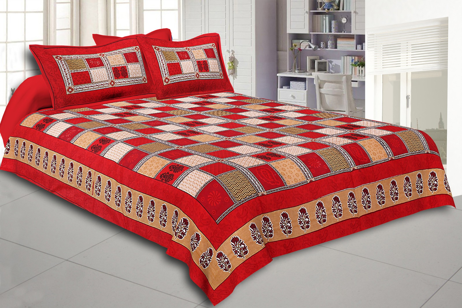 Niruva Red and Maroon Jaipuri Checkered Patchwork Cotton Double Bedsheet With 2 Pillow Covers