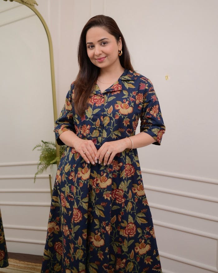 Niruva Navy Blue Mughal Floral Print Cotton Flare Maxi Gown Kurti With Collar Neck