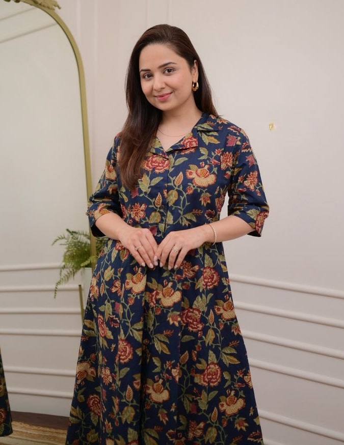 Niruva Navy Blue Mughal Floral Print Cotton Flare Maxi Gown Kurti With Collar Neck