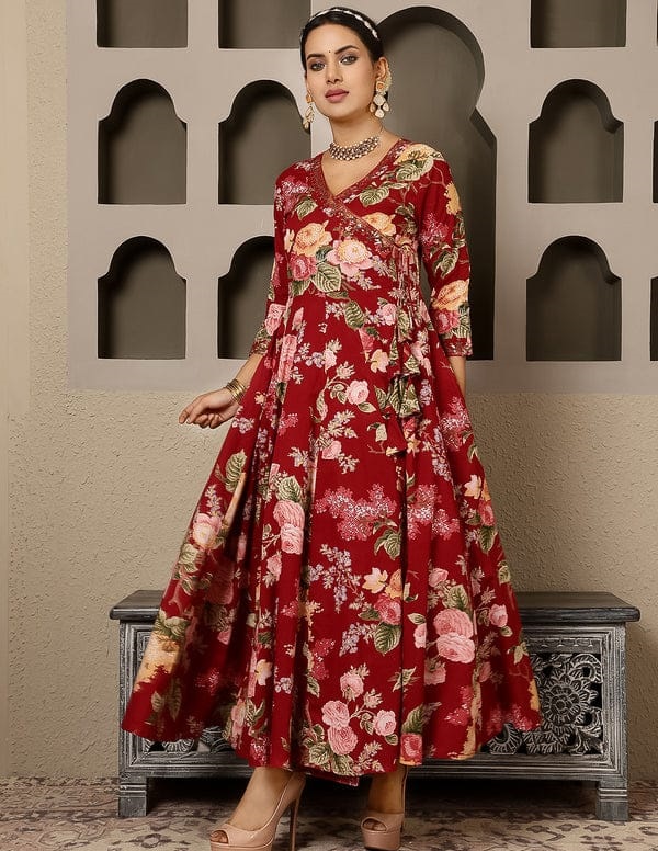 Niruva Maroon Cotton Printed Angrakha Anarkali Flared Kurta Suit Set With Pant and Dupatta