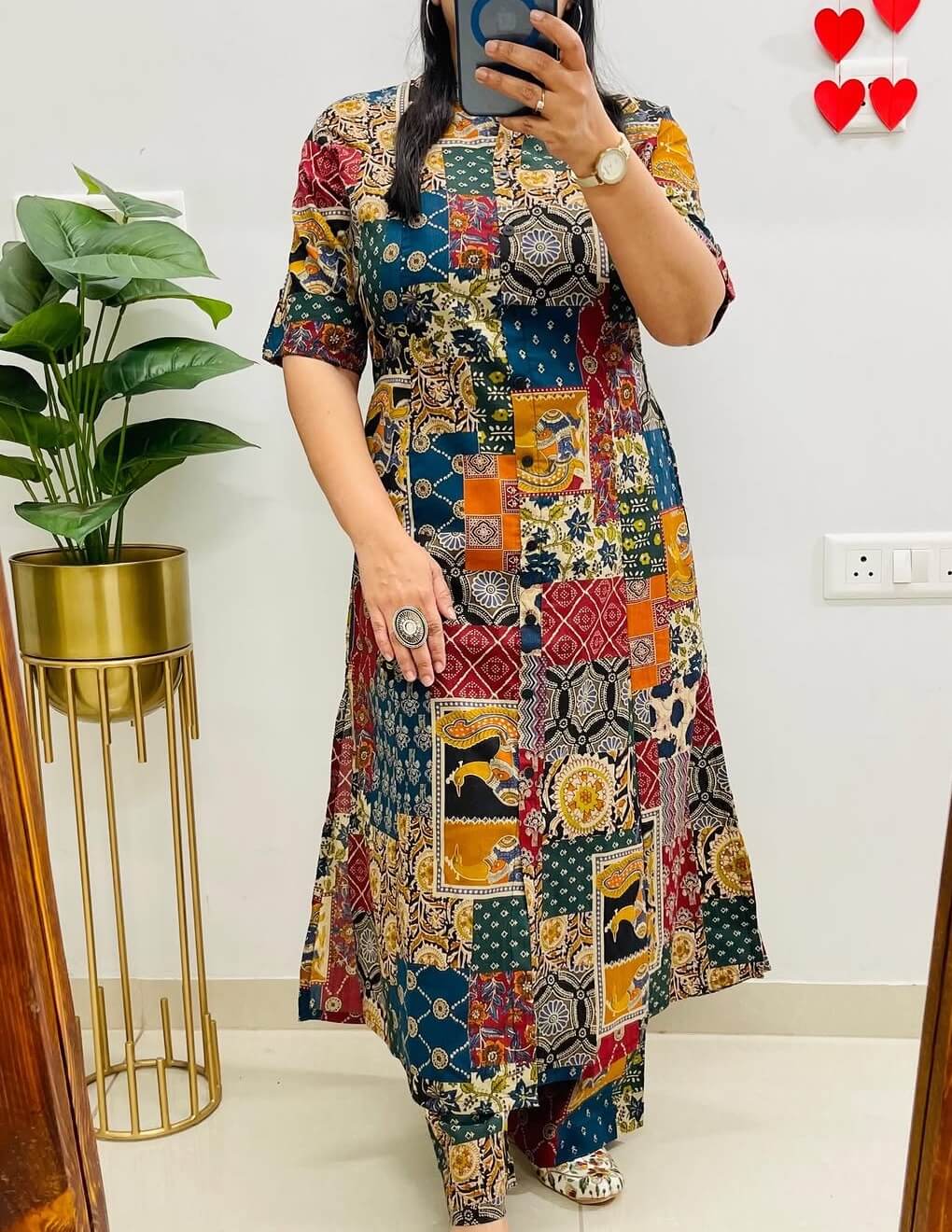 Niruva Famous Jaipuri Ajrakh Print Cotton A-Line Kurti Pant Co-ord Set With Pocket