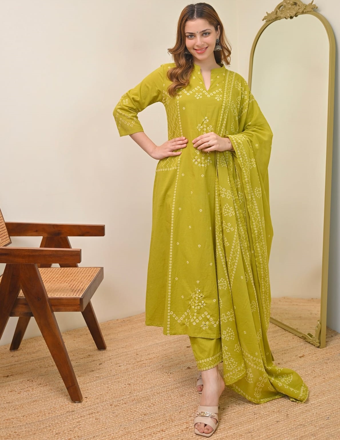 Niruva Lime Green Jaipuri Bandhani Print Cotton 3-Piece Suit Set With Pant and Dupatta