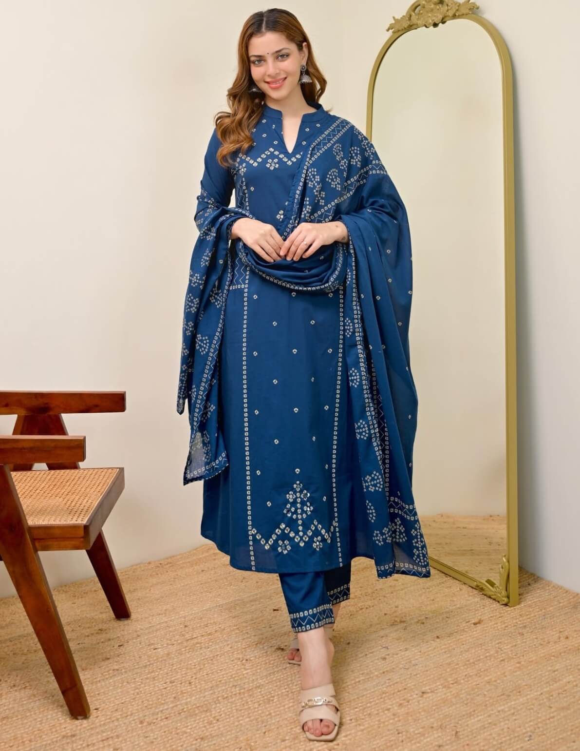 Niruva Indigo Blue Jaipuri Bandhani Print Cotton 3-Piece Suit Set With Pant and Dupatta