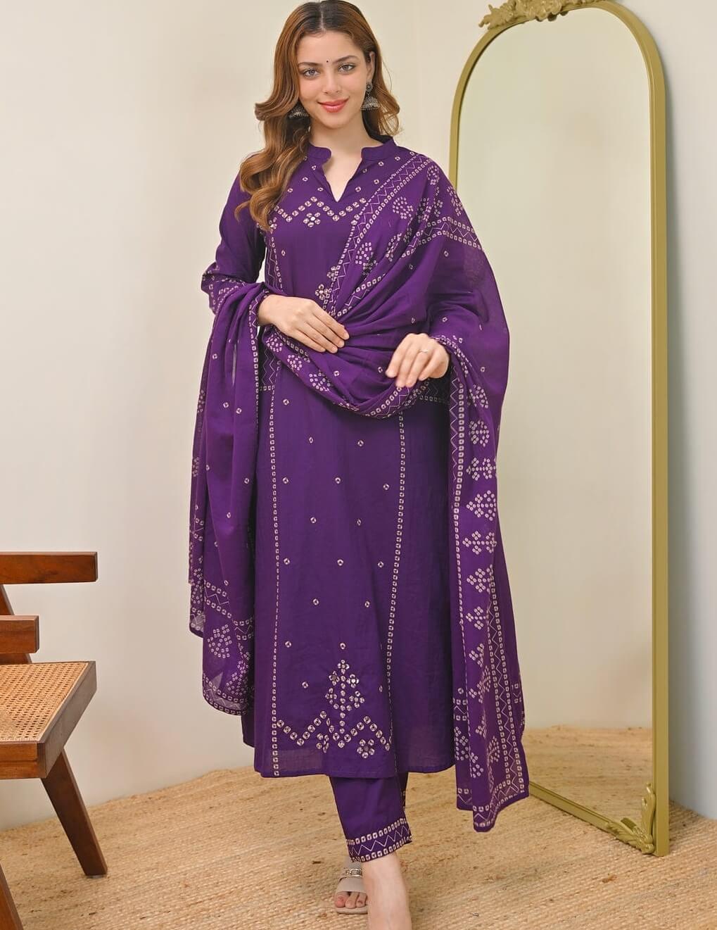 Niruva Royal Purple Jaipuri Bandhani Print Cotton 3-Piece Suit Set With Pant and Dupatta