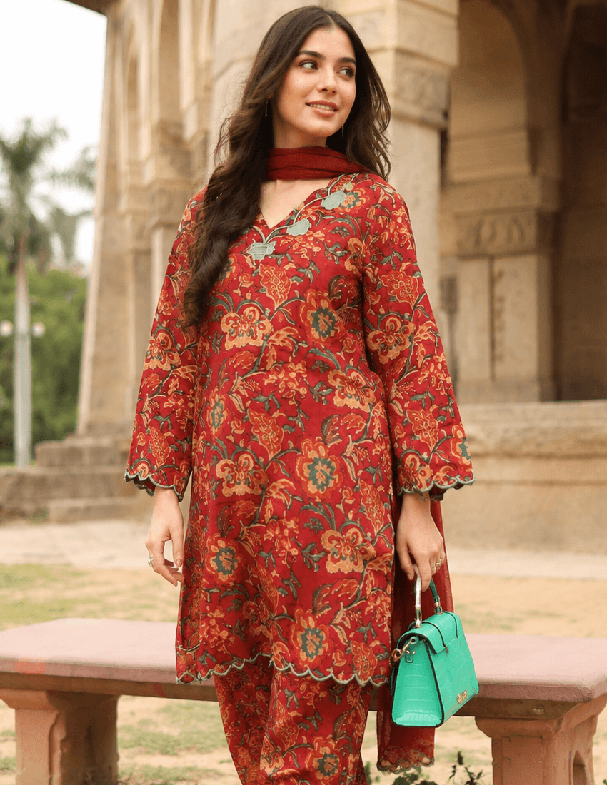 Maria Maroon Cotton Printed 3-Piece Suit Set With Embroidered Scallop Kota Doria Dupatta