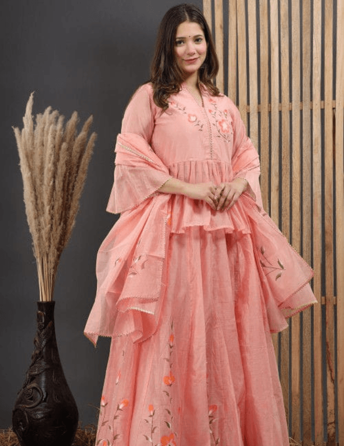 Niruva Festive Special Peach Hand Painted Chanderi Lehenga Choli Set With Dupatta