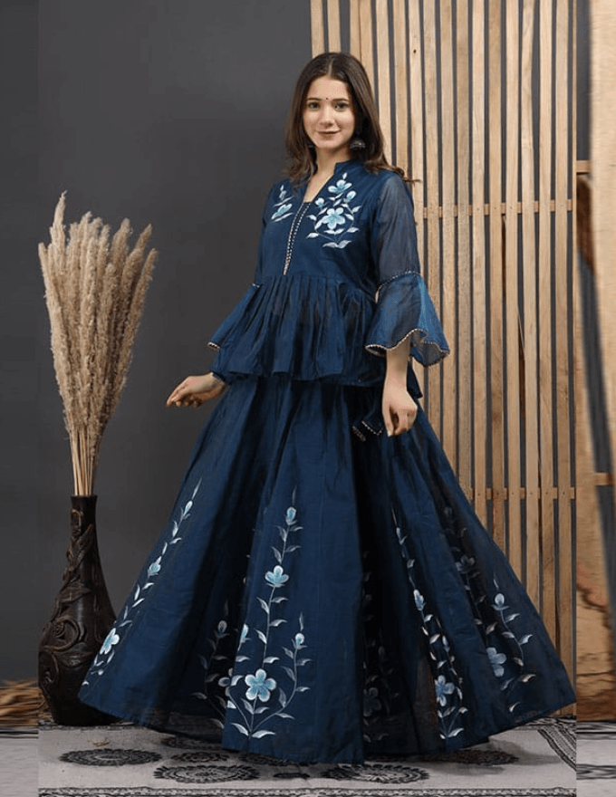 Niruva Festive Special Navy Blue Hand Painted Chanderi Lehenga Choli Set With Dupatta
