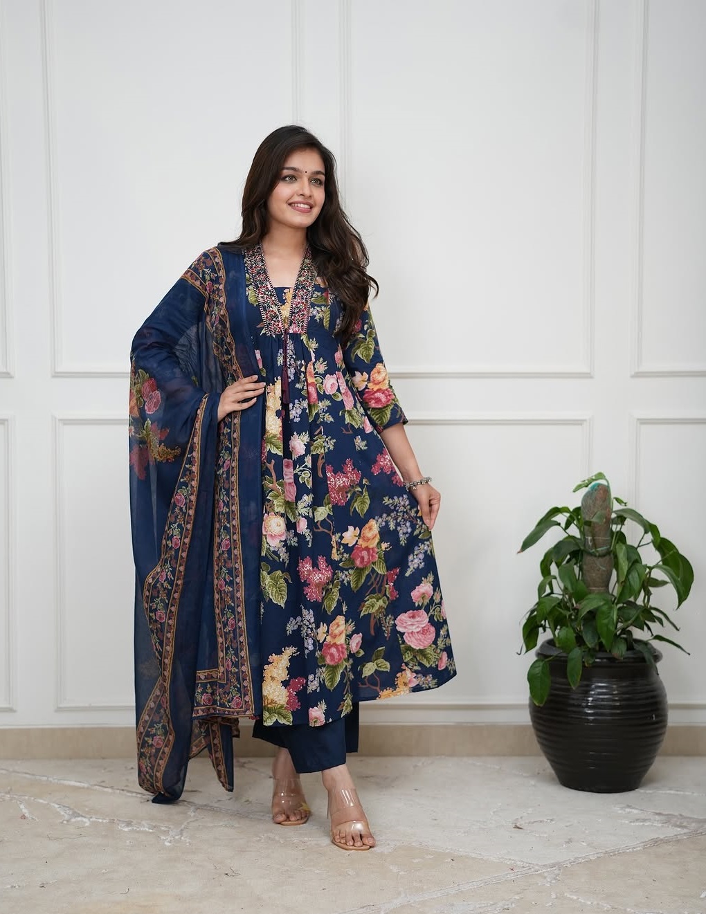 Niruva Navy Blue Floral Print Cotton Anarkali Suit Set With Pant and Dupatta